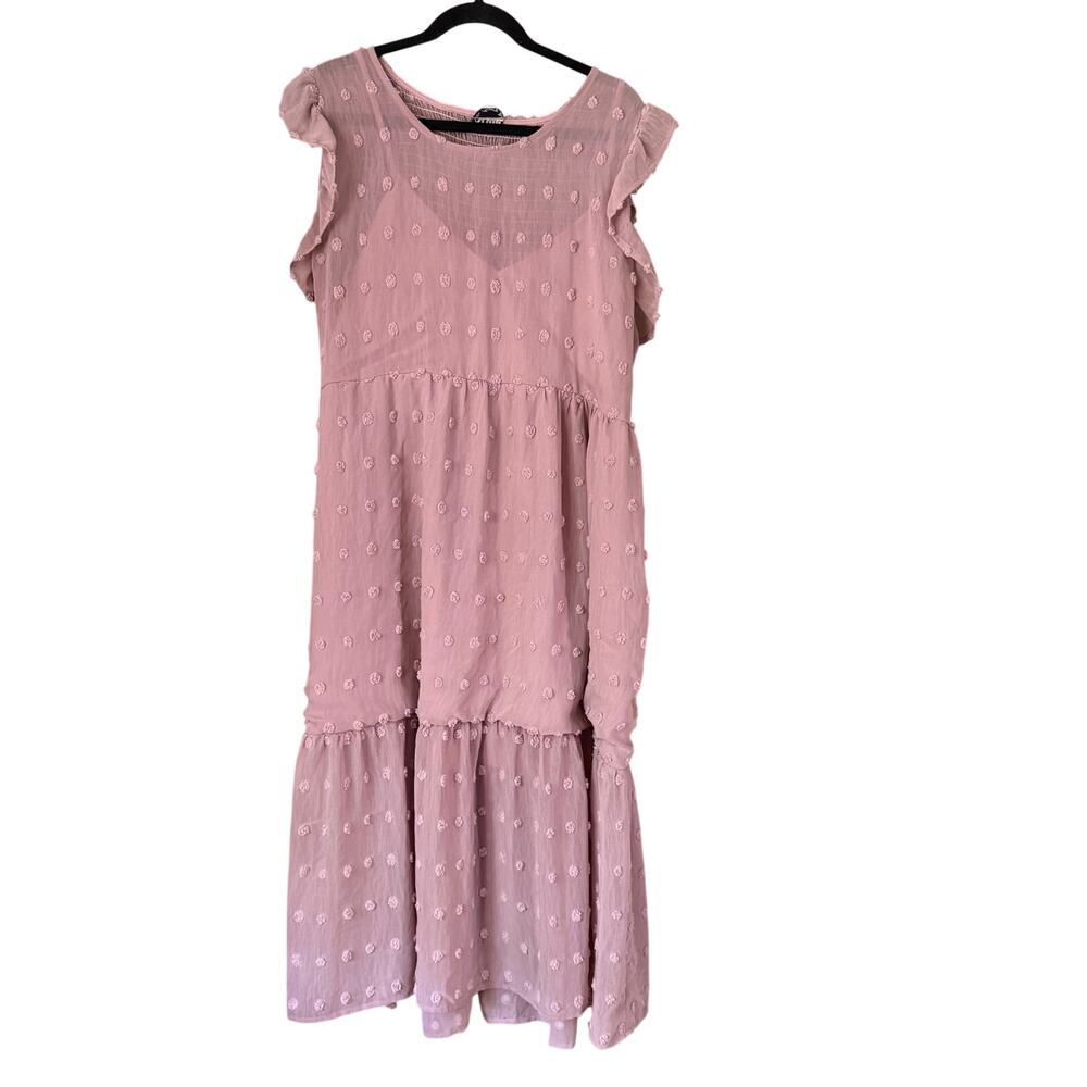Arula Purple Clip Swiss Dot Tiered Semi Sheer Midi Dress Sz 1X (A) Cottage Boho